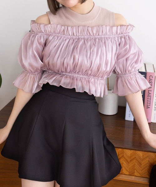 clear（クリア）の「布帛ドッキングオフショルニットトップス[着回し抜群 大人 上品 フェミニン 夏ニット]≪2025SS新作≫（ニット/セーター・レディース・ブラック/ピンク/グレー・F）」の3枚目の写真