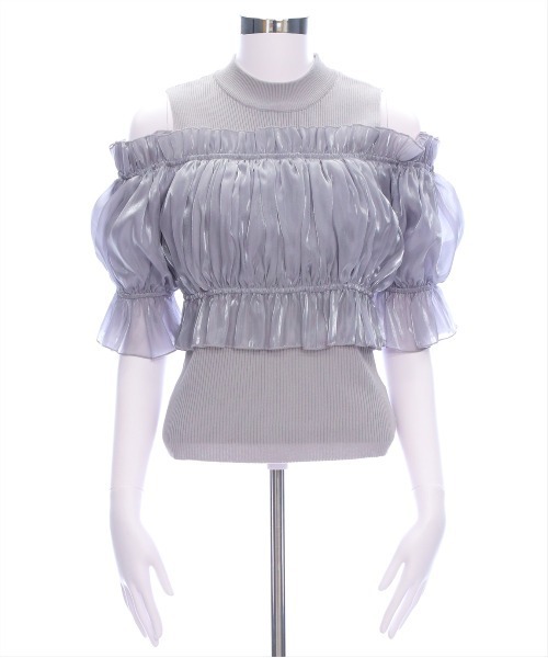 clear（クリア）の「布帛ドッキングオフショルニットトップス[着回し抜群 大人 上品 フェミニン 夏ニット]≪2025SS新作≫（ニット/セーター・レディース・ブラック/ピンク/グレー・F）」の7枚目の写真