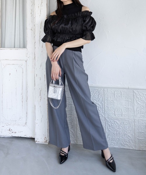 clear（クリア）の「布帛ドッキングオフショルニットトップス[着回し抜群 大人 上品 フェミニン 夏ニット]≪2025SS新作≫（ニット/セーター・レディース・ブラック/ピンク/グレー・F）」の4枚目の写真