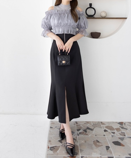 clear（クリア）の「布帛ドッキングオフショルニットトップス[着回し抜群 大人 上品 フェミニン 夏ニット]≪2025SS新作≫（ニット/セーター・レディース・ブラック/ピンク/グレー・F）」の6枚目の写真