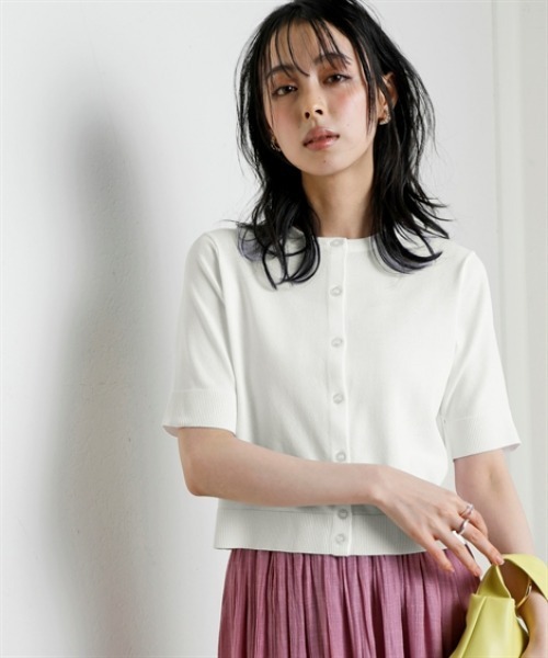 nissen（ニッセン）の「【アイスクリーンプレミアム】クルーネック5分袖ニットカーディガン（持続冷感・接触冷感・毛玉になりにくい・UVカット・洗濯機で洗える・遮熱）＜大きいサイズ有＞（カーディガン/ボレロ・レディース・グリーン/杢グレー/オフホワイト/ブルー/ブラック・S/M/L/LL/3L）」の2枚目の写真