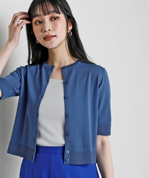 nissen（ニッセン）の「【アイスクリーンプレミアム】クルーネック5分袖ニットカーディガン（持続冷感・接触冷感・毛玉になりにくい・UVカット・洗濯機で洗える・遮熱）＜大きいサイズ有＞（カーディガン/ボレロ・レディース・グリーン/杢グレー/オフホワイト/ブルー/ブラック・S/M/L/LL/3L）」の5枚目の写真