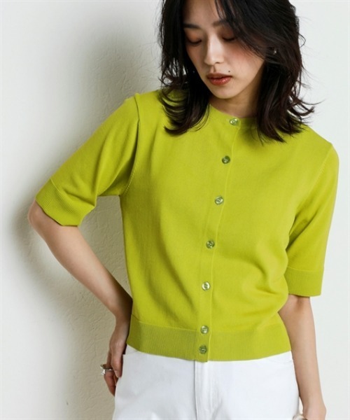 nissen（ニッセン）の「【アイスクリーンプレミアム】クルーネック5分袖ニットカーディガン（持続冷感・接触冷感・毛玉になりにくい・UVカット・洗濯機で洗える・遮熱）＜大きいサイズ有＞（カーディガン/ボレロ・レディース・グリーン/杢グレー/オフホワイト/ブルー/ブラック・S/M/L/LL/3L）」の4枚目の写真