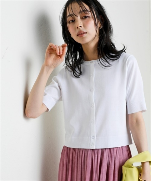 nissen（ニッセン）の「【アイスクリーンプレミアム】クルーネック5分袖ニットカーディガン（持続冷感・接触冷感・毛玉になりにくい・UVカット・洗濯機で洗える・遮熱）＜大きいサイズ有＞（カーディガン/ボレロ・レディース・グリーン/杢グレー/オフホワイト/ブルー/ブラック・S/M/L/LL/3L）」の6枚目の写真