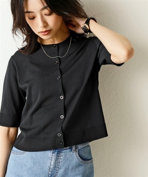 nissen（ニッセン）の「【アイスクリーンプレミアム】クルーネック5分袖ニットカーディガン（持続冷感・接触冷感・毛玉になりにくい・UVカット・洗濯機で洗える・遮熱）＜大きいサイズ有＞（カーディガン/ボレロ・レディース・グリーン/杢グレー/オフホワイト/ブルー/ブラック・S/M/L/LL/3L）」の8枚目の写真