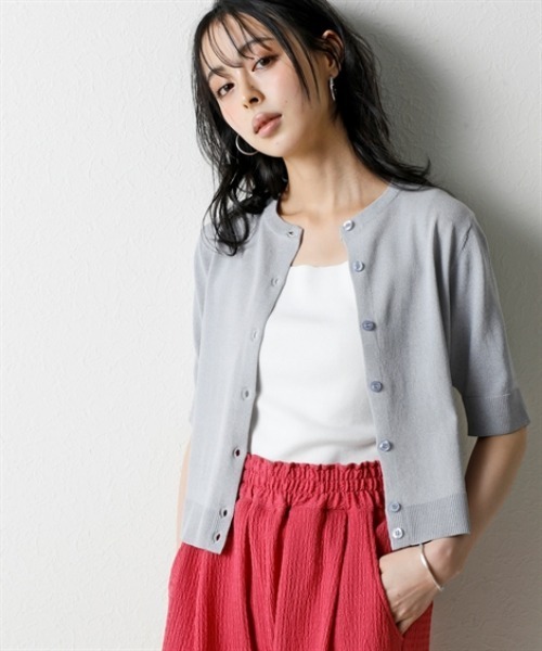 nissen（ニッセン）の「【アイスクリーンプレミアム】クルーネック5分袖ニットカーディガン（持続冷感・接触冷感・毛玉になりにくい・UVカット・洗濯機で洗える・遮熱）＜大きいサイズ有＞（カーディガン/ボレロ・レディース・グリーン/杢グレー/オフホワイト/ブルー/ブラック・S/M/L/LL/3L）」の10枚目の写真