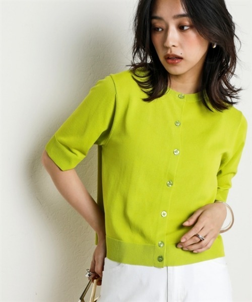 nissen（ニッセン）の「【アイスクリーンプレミアム】クルーネック5分袖ニットカーディガン（持続冷感・接触冷感・毛玉になりにくい・UVカット・洗濯機で洗える・遮熱）＜大きいサイズ有＞（カーディガン/ボレロ・レディース・グリーン/杢グレー/オフホワイト/ブルー/ブラック・S/M/L/LL/3L）」の12枚目の写真