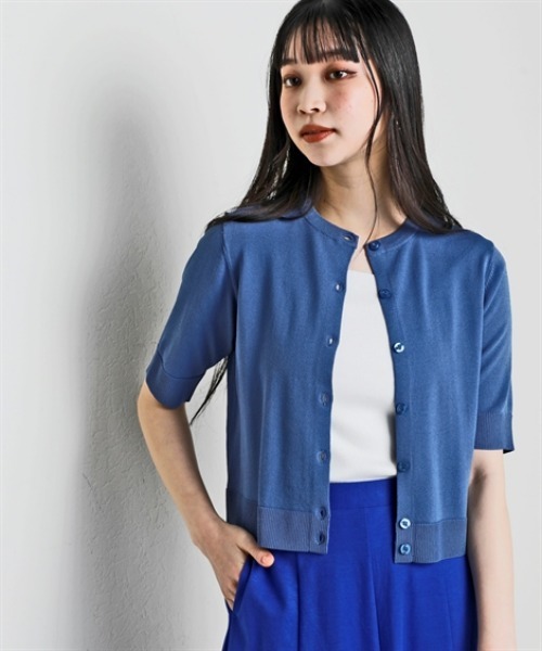 nissen（ニッセン）の「【アイスクリーンプレミアム】クルーネック5分袖ニットカーディガン（持続冷感・接触冷感・毛玉になりにくい・UVカット・洗濯機で洗える・遮熱）＜大きいサイズ有＞（カーディガン/ボレロ・レディース・グリーン/杢グレー/オフホワイト/ブルー/ブラック・S/M/L/LL/3L）」の16枚目の写真