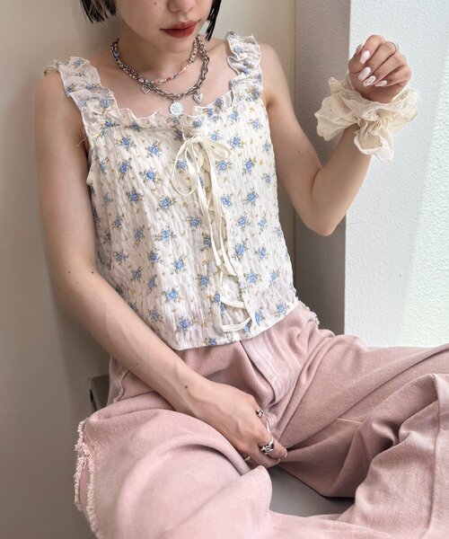 セール】【3色展開】花柄シャーリングTOPS（Tシャツ/カットソー）｜w