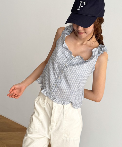 ブラウス シャツ El mar　ストライプフリルノースリブラウス レディース CANAL JEAN｜El mar ストライプフリルノースリブラウス
