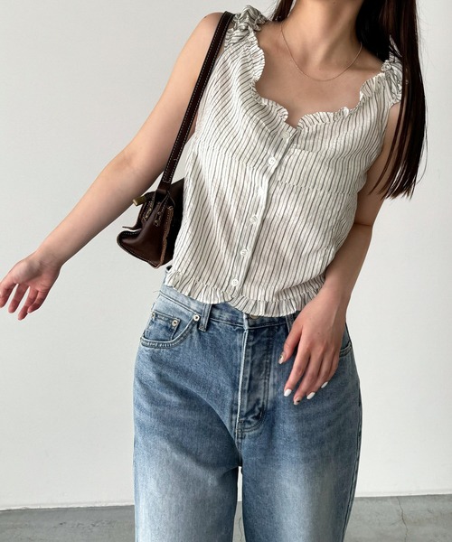 CANAL JEAN（キャナルジーン）の「El mar　ストライプフリルノースリブラウス（シャツ/ブラウス・レディース・アイボリー/サックスブルー・ONE SIZE）」の2枚目の写真