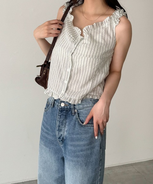 CANAL JEAN（キャナルジーン）の「El mar　ストライプフリルノースリブラウス（シャツ/ブラウス・レディース・アイボリー/サックスブルー・ONE SIZE）」の3枚目の写真