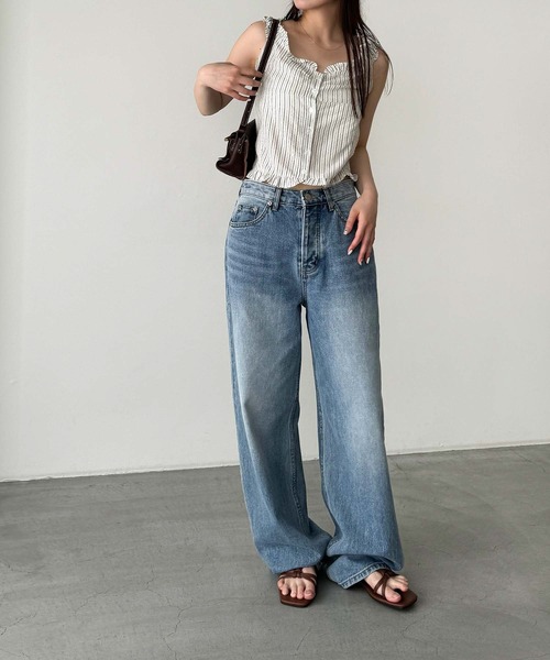 CANAL JEAN - canal jean即完売幻のレースアップシャツブラウス セール】El mar ストライプフリルノースリブラウス（シャツ