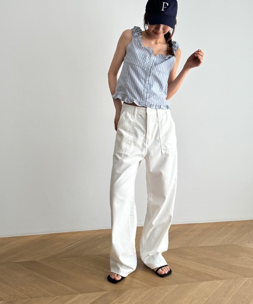 CANAL JEAN（キャナルジーン）の「El mar　ストライプフリルノースリブラウス（シャツ/ブラウス・レディース・アイボリー/サックスブルー・ONE SIZE）」の9枚目の写真