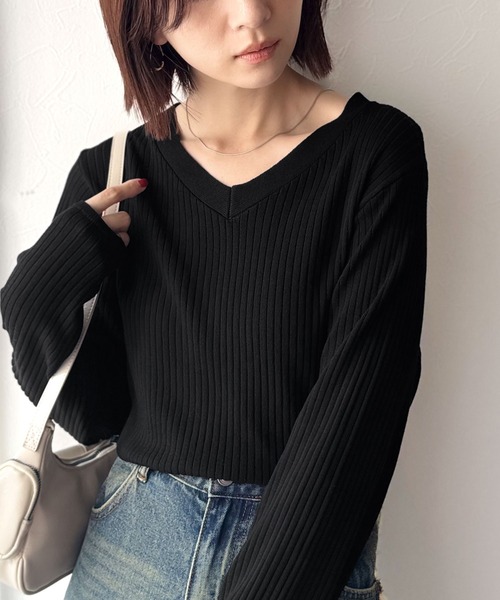 セール】デコルテ美人。着映えVネックシンプルリブニット（長袖
