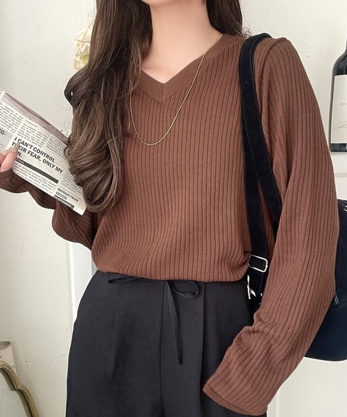 セール】デコルテ美人。着映えVネックシンプルリブニット（長袖