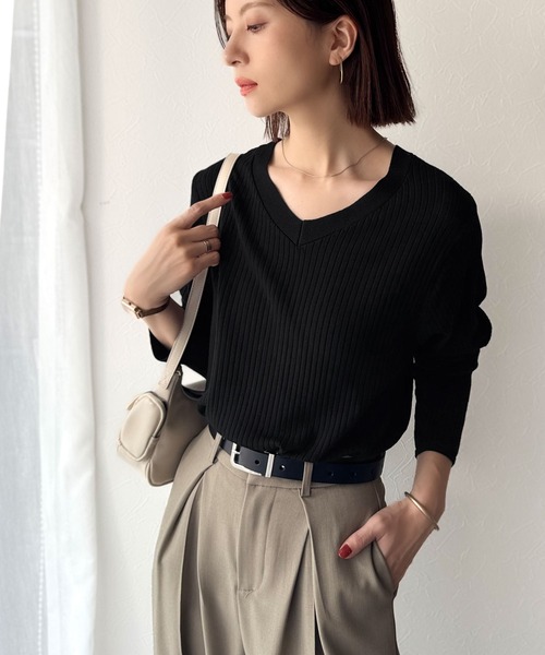セール】デコルテ美人。着映えVネックシンプルリブニット（長袖