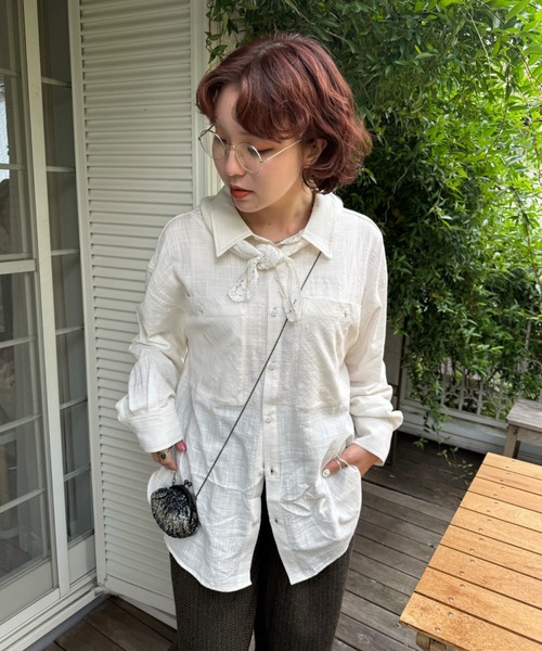 DOUBLE NAME（ダブルネーム）の「レーススカーフ ドッキングシアーシャツ（シャツ/ブラウス・レディース・ブラック/オフホワイト・FREE）」の7枚目の写真