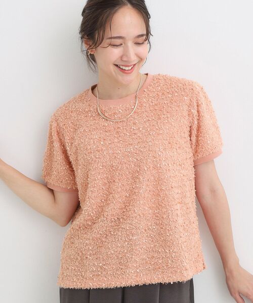 DRESKIP(ドレスキップ)の「【S-LL】大人も着やすい愛らしさ リボンヤーン半袖トップス(Tシャツ/カットソー・レディース・ナチュラル/ライトオレンジ系・04/03/02/01)」の2枚目の写真