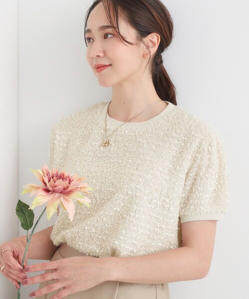 DRESKIP(ドレスキップ)の「【S-LL】大人も着やすい愛らしさ リボンヤーン半袖トップス(Tシャツ/カットソー・レディース・ナチュラル/ライトオレンジ系・04/03/02/01)」の1枚目の写真