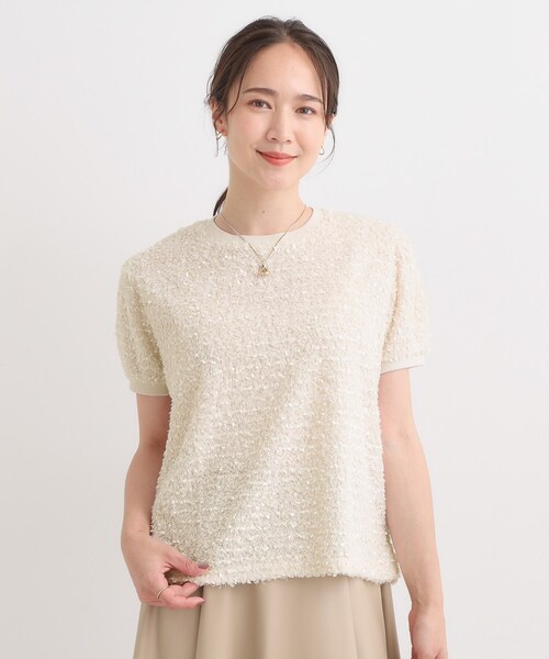 DRESKIP(ドレスキップ)の「【S-LL】大人も着やすい愛らしさ リボンヤーン半袖トップス(Tシャツ/カットソー・レディース・ナチュラル/ライトオレンジ系・04/03/02/01)」の3枚目の写真