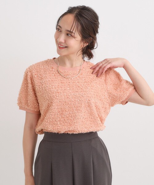 DRESKIP(ドレスキップ)の「【S-LL】大人も着やすい愛らしさ リボンヤーン半袖トップス(Tシャツ/カットソー・レディース・ナチュラル/ライトオレンジ系・04/03/02/01)」の7枚目の写真