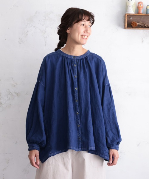 soulberry(ソウルベリー)の「青いリネンのブラウス(シャツ/ブラウス・レディース・ブルー・M/5L/4L/3L/LL/L)」の3枚目の写真