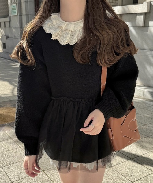 LAUIR(ラウアー)の「裾チュールドッキングニットトップス(ニット/セーター・レディース・ダークブラウン/ブラック/アイボリー・LARGE/MEDIUM)」の2枚目の写真
