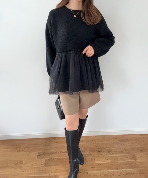 LAUIR(ラウアー)の「裾チュールドッキングニットトップス(ニット/セーター・レディース・ダークブラウン/ブラック/アイボリー・LARGE/MEDIUM)」の7枚目の写真