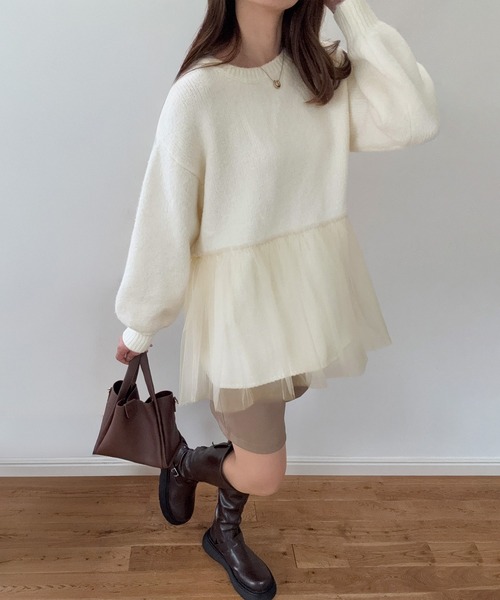 LAUIR(ラウアー)の「裾チュールドッキングニットトップス(ニット/セーター・レディース・ダークブラウン/ブラック/アイボリー・LARGE/MEDIUM)」の14枚目の写真