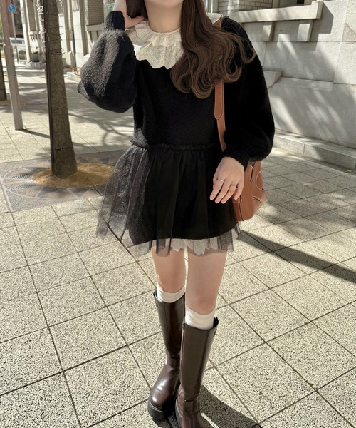LAUIR(ラウアー)の「裾チュールドッキングニットトップス(ニット/セーター・レディース・ダークブラウン/ブラック/アイボリー・LARGE/MEDIUM)」の6枚目の写真