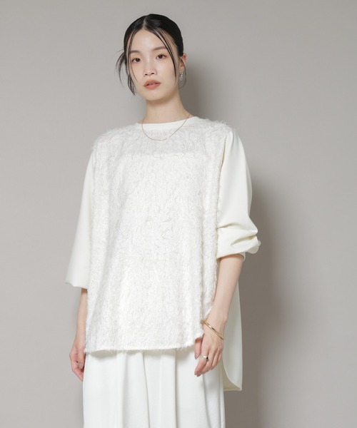 NANO universe（ナノユニバース）の「フロントシャギーコンビカットトップス（Tシャツ/カットソー・レディース・ブラック/クリーム・FREE）」の5枚目の写真