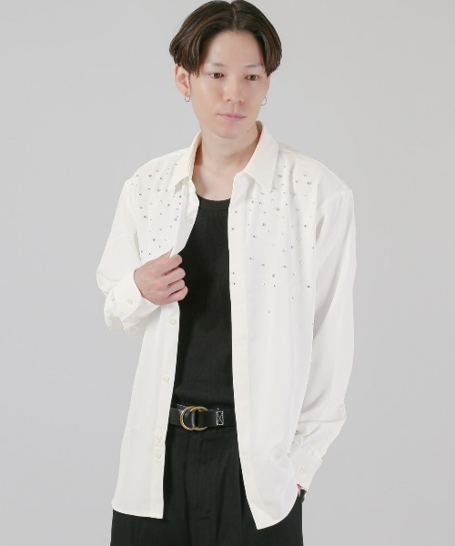 LUXSTYLE（ラグスタイル）の「メタルパールストーン長袖シャツ（シャツ/ブラウス・メンズ・ホワイト/ブラック・L/M）」の3枚目の写真