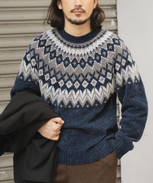 ITEMS URBANRESEARCH（アイテムズ アーバンリサーチ）の「真冬の正解 求心柄 モール ニット（ニット/セーター・メンズ・ホワイト/ネイビー/ブラック/グレー・LARGE/MEDIUM）」の4枚目の写真