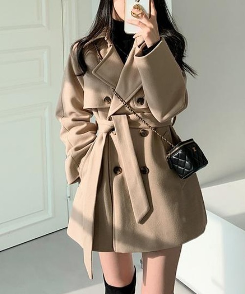 セール】リボン襟付きダブルブレストメルトンジャケット（ピーコート