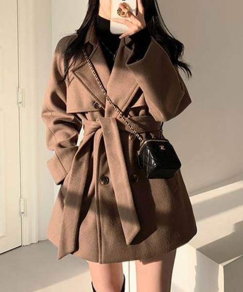 リボン襟付きダブルブレストメルトンジャケット（ピーコート