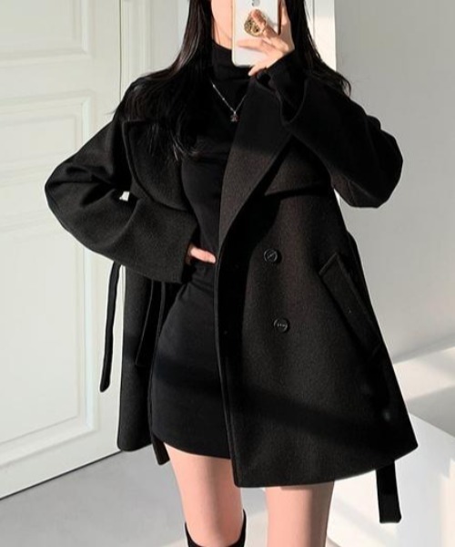 リボン襟付きダブルブレストメルトンジャケット（ピーコート