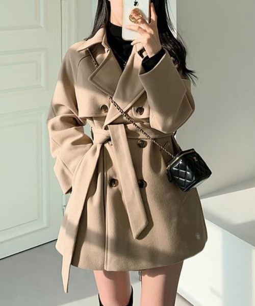 セール】リボン襟付きダブルブレストメルトンジャケット（ピーコート