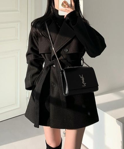 リボン襟付きダブルブレストメルトンジャケット（ピーコート