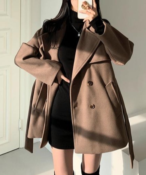 リボン襟付きダブルブレストメルトンジャケット（ピーコート