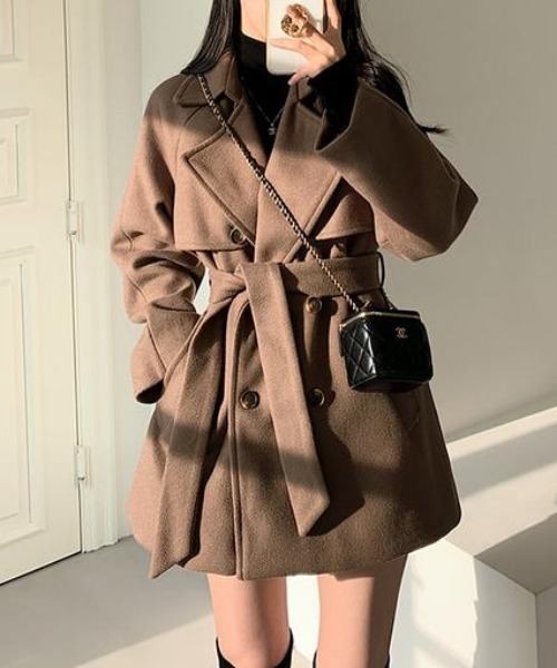 セール】リボン襟付きダブルブレストメルトンジャケット（ピーコート