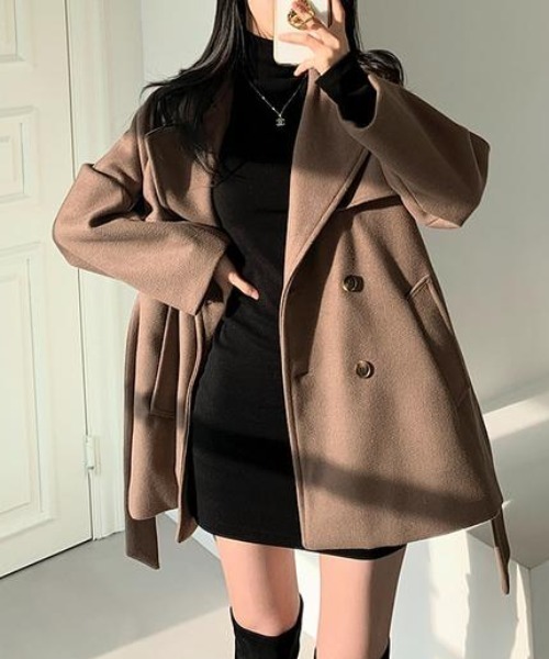 セール】リボン襟付きダブルブレストメルトンジャケット（ピーコート