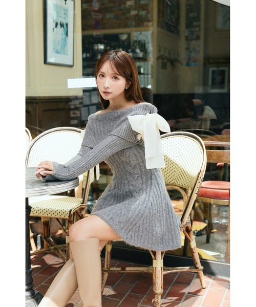 ワンピース Ribbon Off-Shoulder Cable Knit Dress Ribbon Off-Shoulder Cable Knit Dress