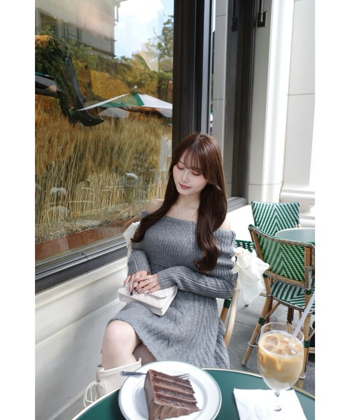 Ribbon Off-Shoulder Cable Knit Dress