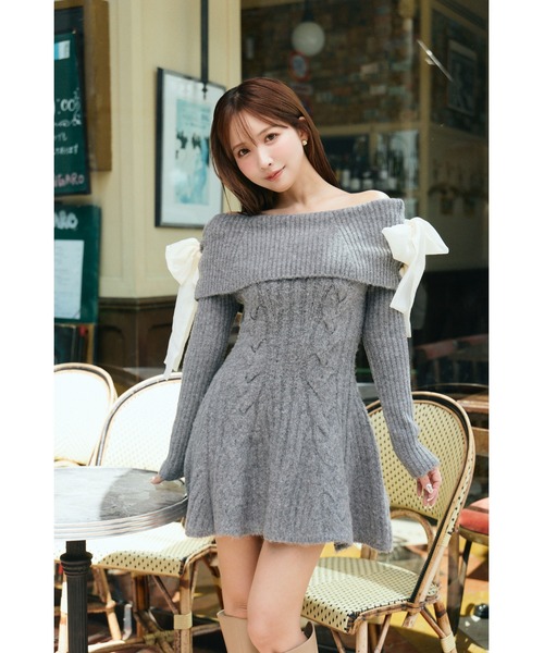 ワンピース MISTREASS Layered Cable Knit Dress Set Ribbon Off-Shoulder Cable Knit Dress（ワンピース）｜MISTREASS