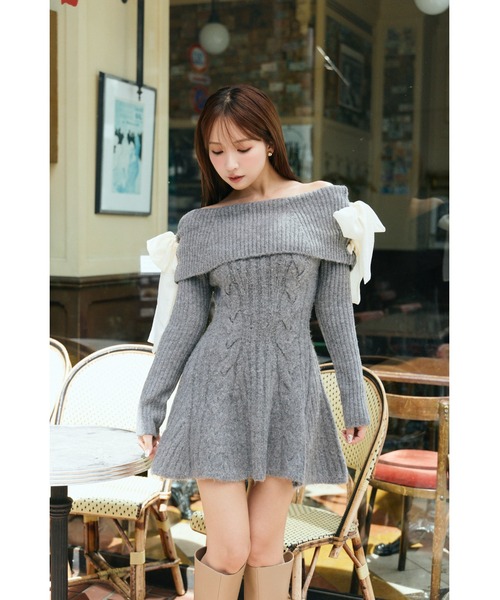 Ribbon Off-Shoulder Cable Knit Dress(ワンピース Ribbon Off-Shoulder Cable Knit Dress(ワンピース