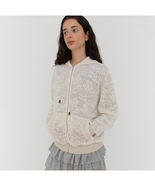 CATHY FLOWER LACE HOODIE ZIP‑UP — кремовый