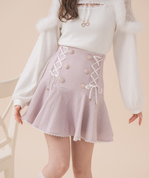couture BY ROJITA(クチュールバイロジータ)の「レースアップツイードフレアスカート(スカート・レディース・ブラック/ピンク/マルチ・FREE)」の3枚目の写真
