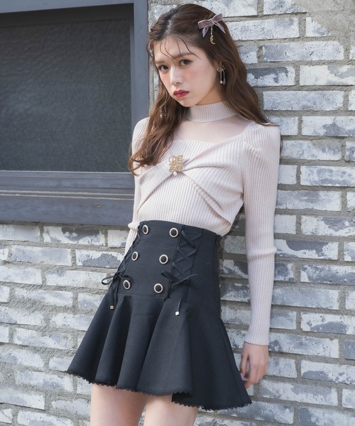 couture BY ROJITA(クチュールバイロジータ)の「レースアップツイードフレアスカート(スカート・レディース・ブラック/ピンク/マルチ・FREE)」の12枚目の写真