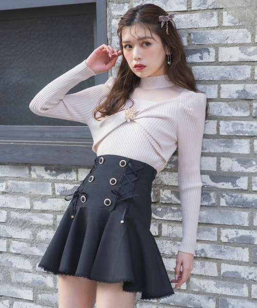 couture BY ROJITA(クチュールバイロジータ)の「レースアップツイードフレアスカート(スカート・レディース・ブラック/ピンク/マルチ・FREE)」の5枚目の写真